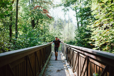 Full length of man standing on footbridge in forest