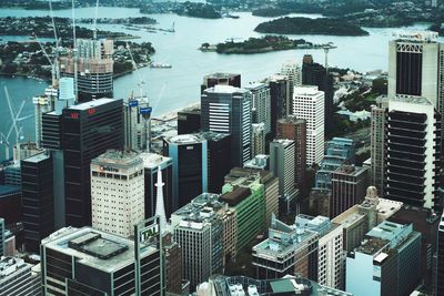 High angle view of modern buildings at waterfront