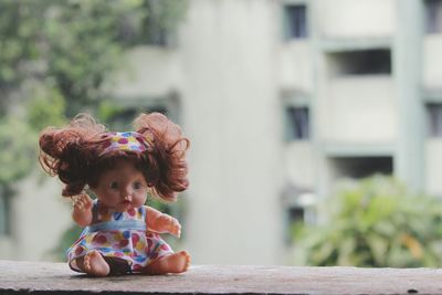 Close-up of doll on retaining wall in city