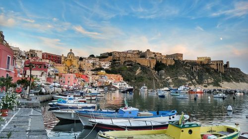 Boats moored in harbor against buildings in city