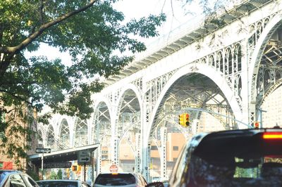 Arch bridge against trees in city