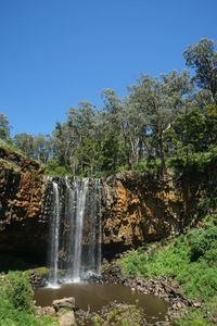 Low angle view of waterfall against clear sky