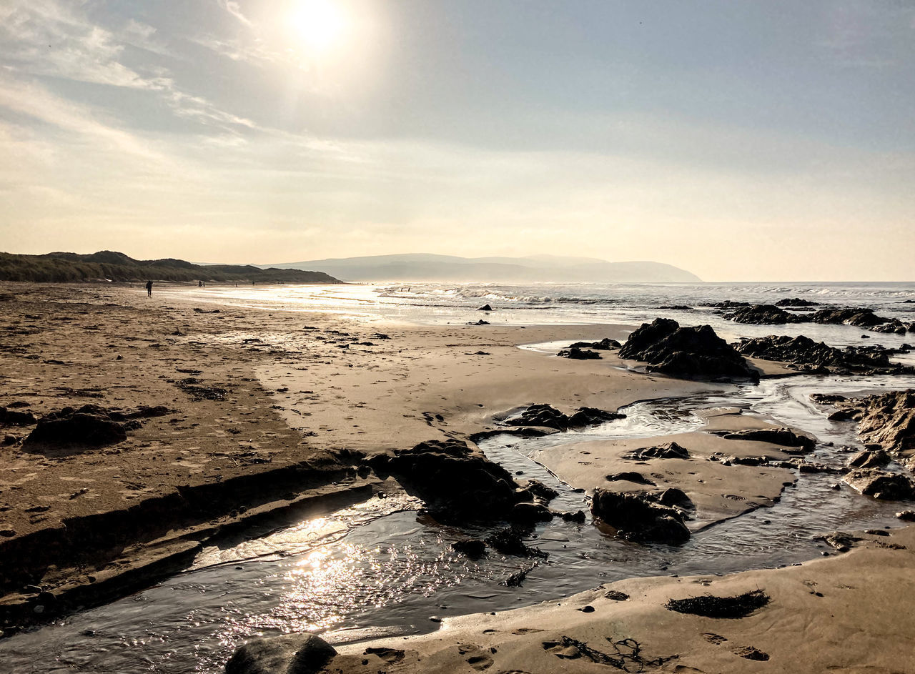 SCENIC VIEW OF ROCKS ON BEACH AGAINST SKY