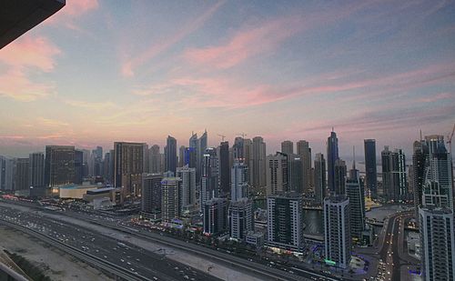 High angle view of cityscape against sky during sunset