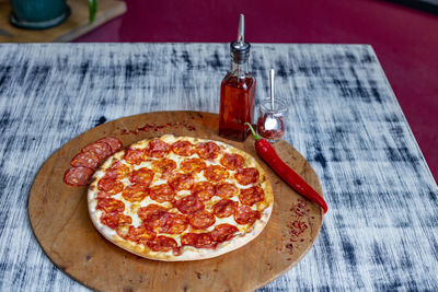 High angle view of pizza on table