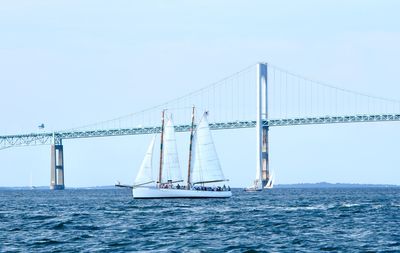 Sailboat sailing on sea against clear sky