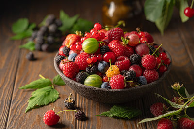 Close-up of strawberries in bowl on table