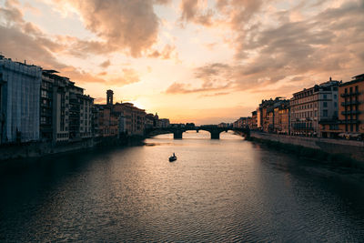 River amidst buildings against sky during sunset