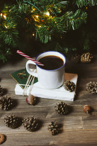 Close-up of coffee cup on table