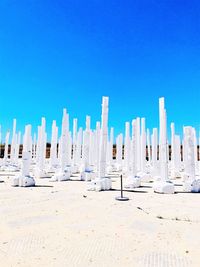 Panoramic view of land against clear blue sky