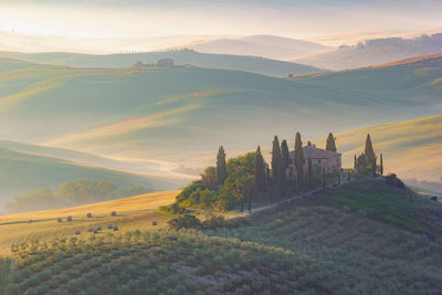 Val d'orcia, tuscany, italy. a lonely farmhouse with cypress and olive trees, rolling hills.