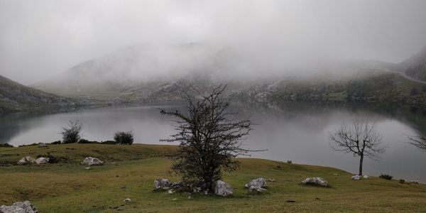 Scenic view of lake by mountains against sky