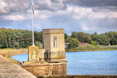 Built structure by lake against sky