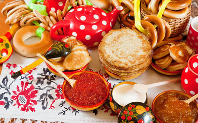 High angle view of various food on table