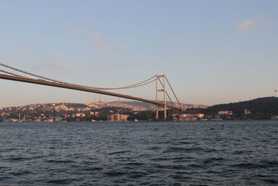 Suspension bridge over river in city