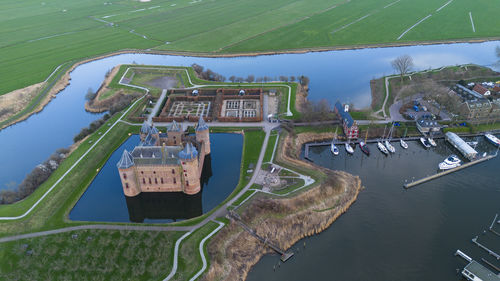 Beautiful view from above of muiderslot castle. one of the preserved and restored medieval castles