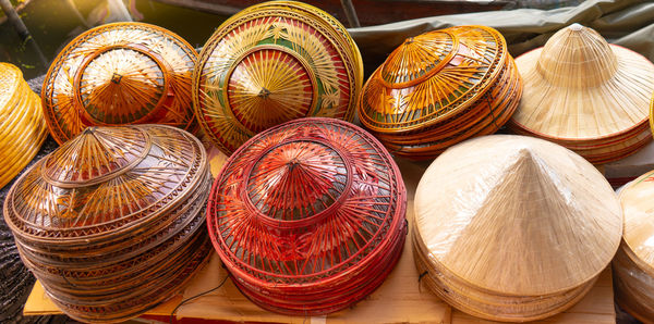 High angle view of hats for sale at market stall