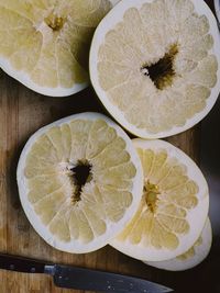 High angle view of fruits in plate on table