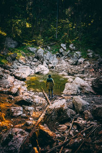 Man standing on rock against trees