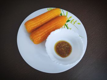 High angle view of food in plate on table