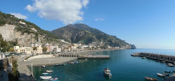 High angle view of boats moored in bay