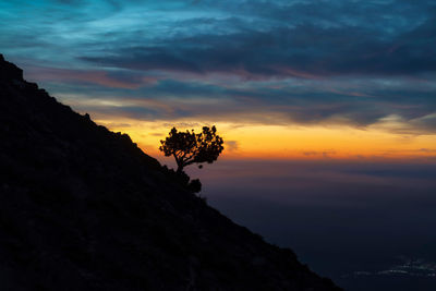 Scenic view of silhouette mountain against orange sky