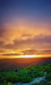 Scenic view of field against dramatic sky during sunset