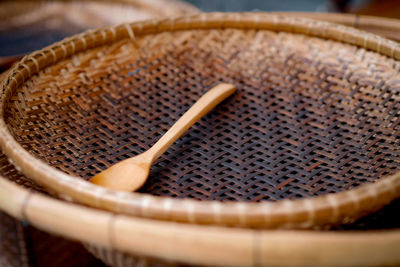 High angle view of bread in basket on table