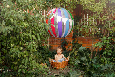 Boy wearing mask in basket at yard