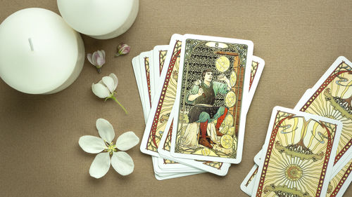 Esoteric concept and astrology, fortune telling tarot predictions background, eight of pentacles