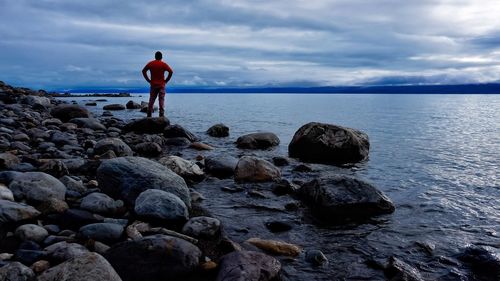 Rear view of man looking at sea shore against sky