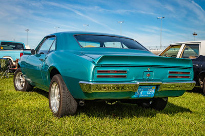 Vintage car on field against blue sky