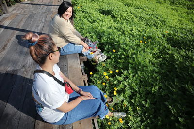 High angle view of female friends sitting on boardwalk with dog by grassy land