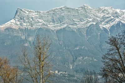 Scenic view of snowcapped mountains against blue sky