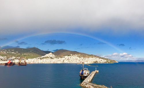 Scenic view of rainbow over sea against sky