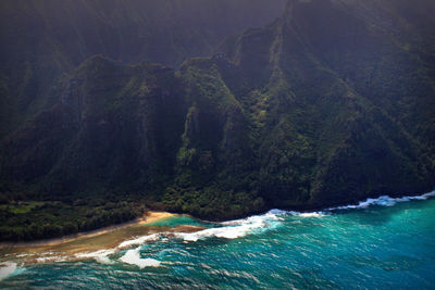 Scenic view of sea and mountains against sky