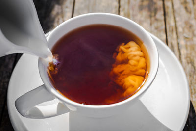 High angle view of tea in mug on table