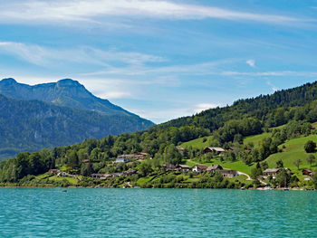 Scenic view of lake and mountains against sky