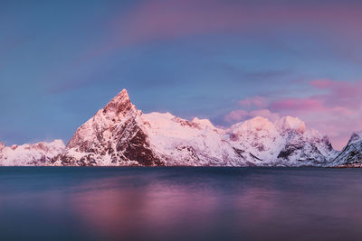 Scenic view of lake and snowcapped mountains against sky during sunset