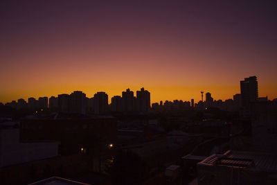 Silhouette buildings against clear sky during sunset