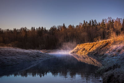 Scenic view of waterfall against clear sky