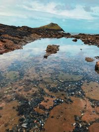 Aerial view of sea and rocks against sky