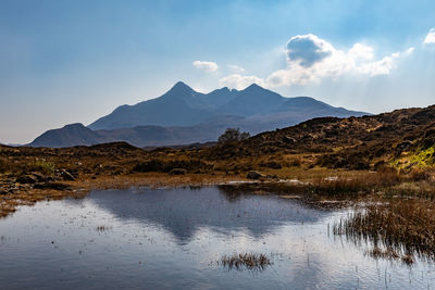 Scenic view of lake and mountains against sky