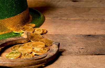 Close-up of coins on table