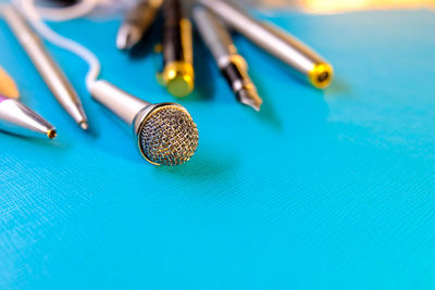 High angle view of blue balls on table