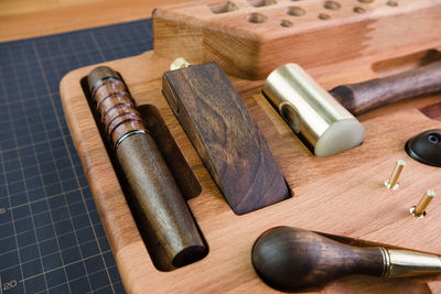 High angle view of equipment on table