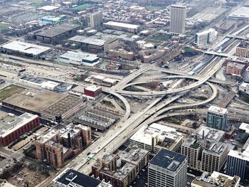 High angle view of street amidst buildings in city