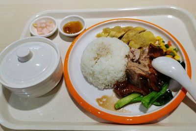 High angle view of meal served on table