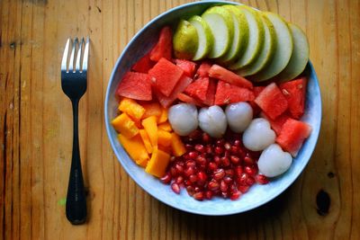 Directly above shot of fruits in plate on table