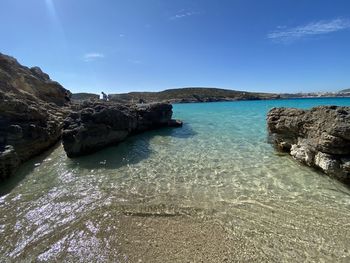 Rocks on beach against blue sky